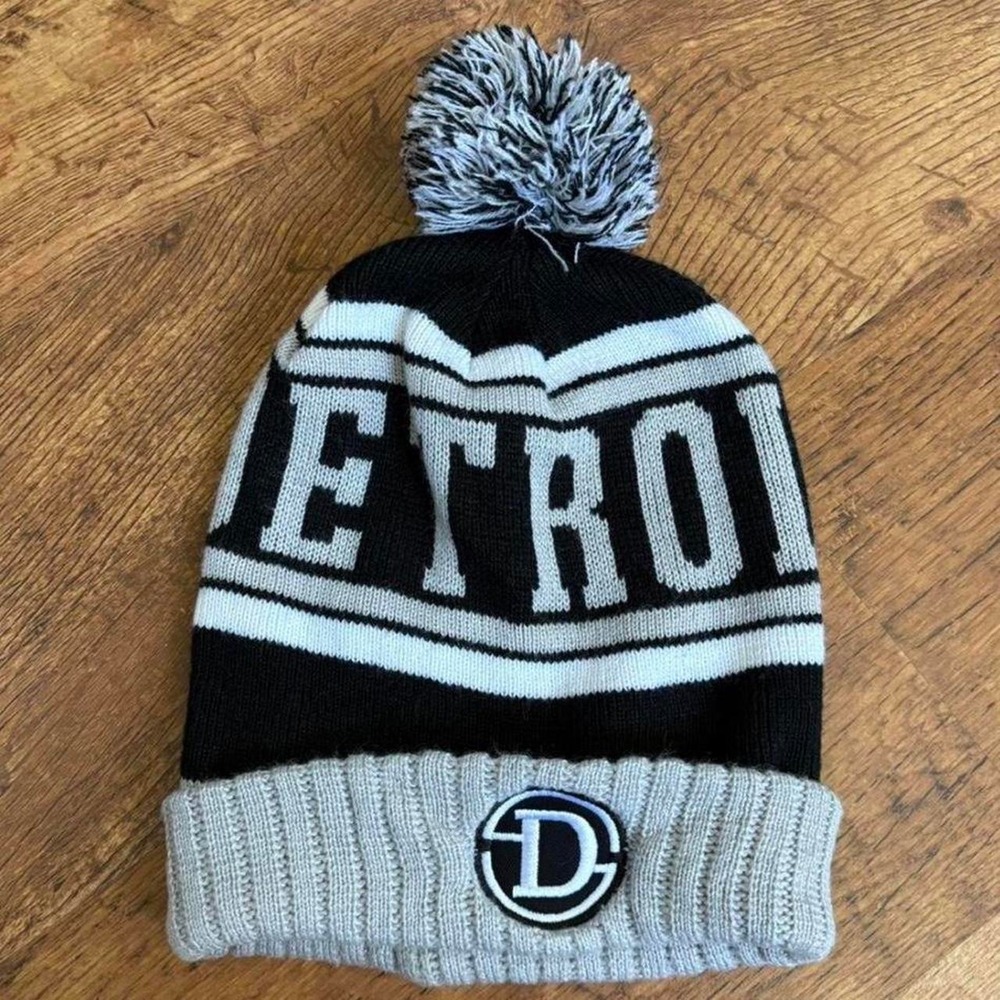 Detroit Black Grey Pom-Pom Beanie Knit Cuffed Winter Hat Mens One Size